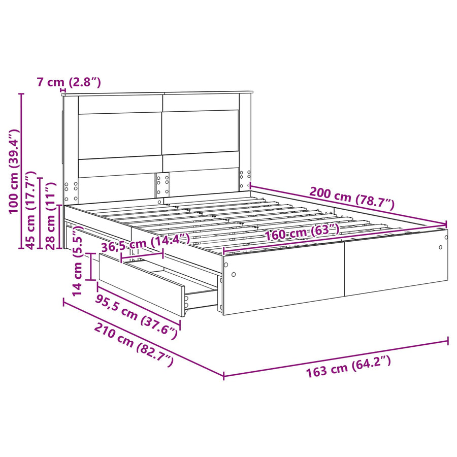Opslag bed met lade Gerookt eiken 160 x 200 cm Bewerkt hout