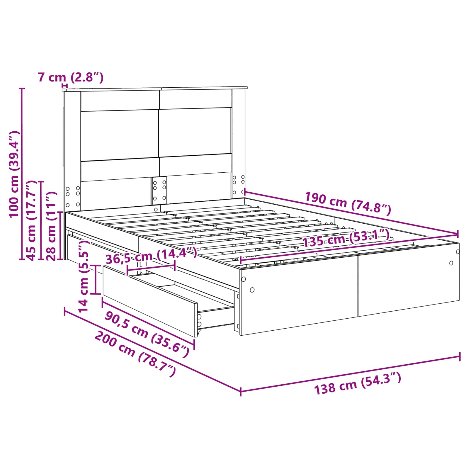 Bedframe met lade Beton Grijs 135 x 190 cm Bewerkt hout