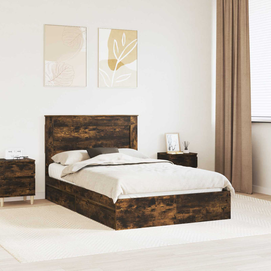 Bedframe met lade Gerookt eiken 135 x 190 cm Bewerkt hout