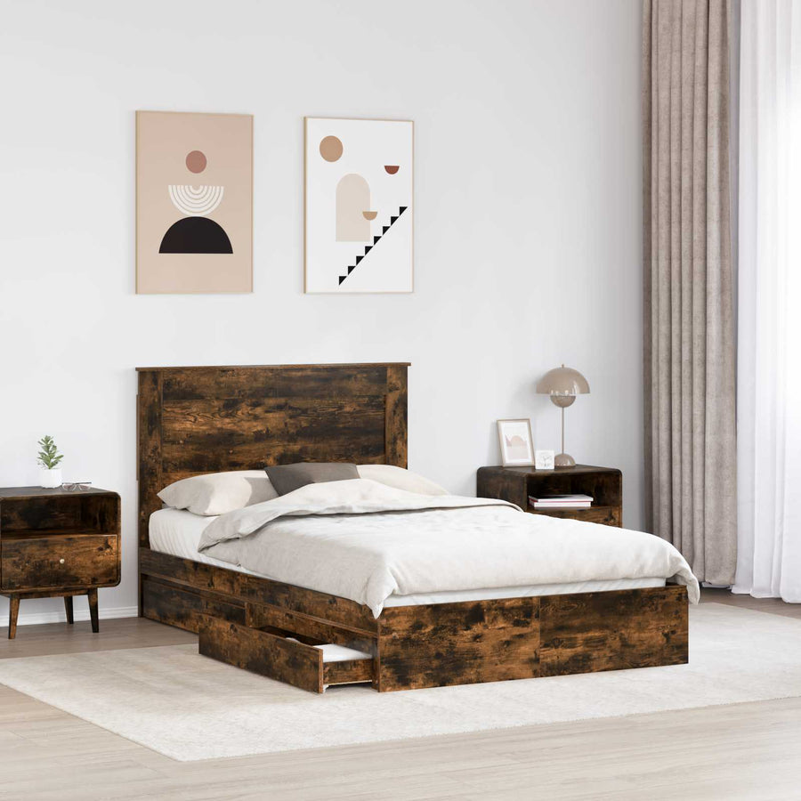 Bedframe met lade Gerookt eiken 135 x 190 cm Bewerkt hout