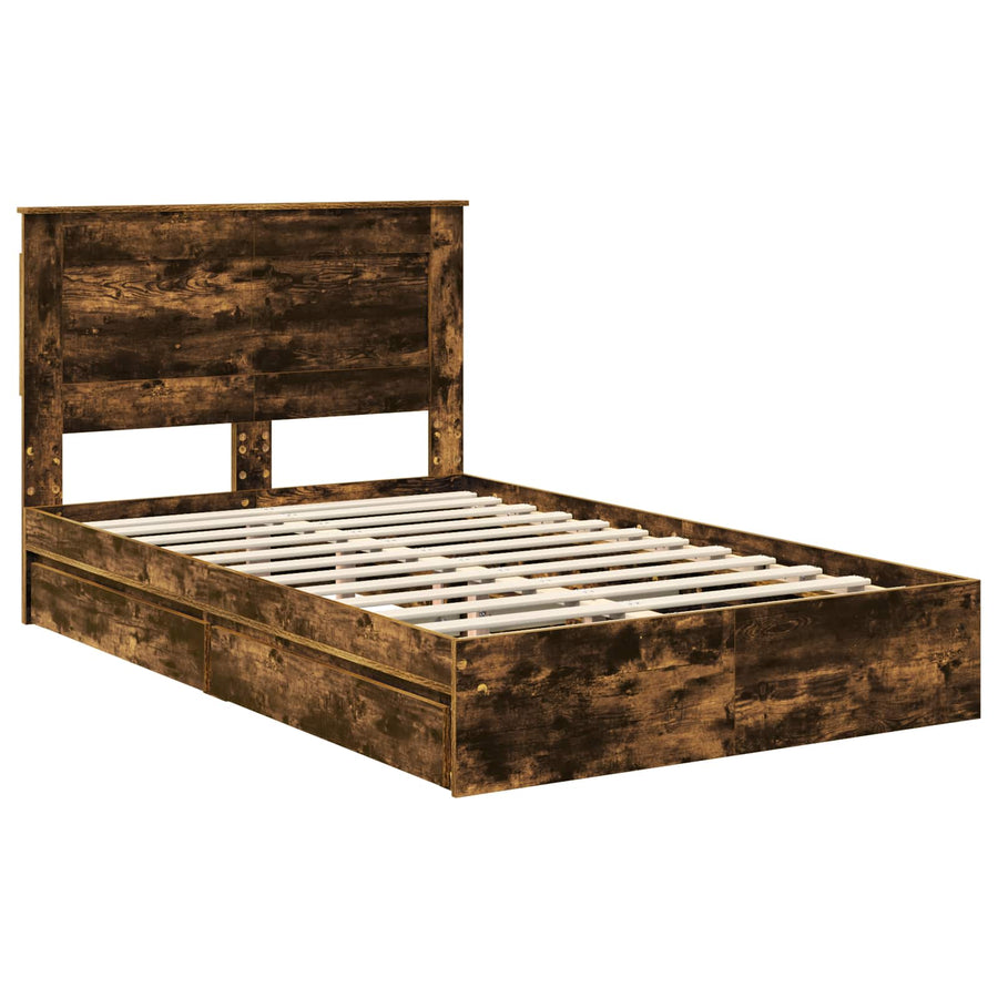 Bedframe met lade Gerookt eiken 135 x 190 cm Bewerkt hout