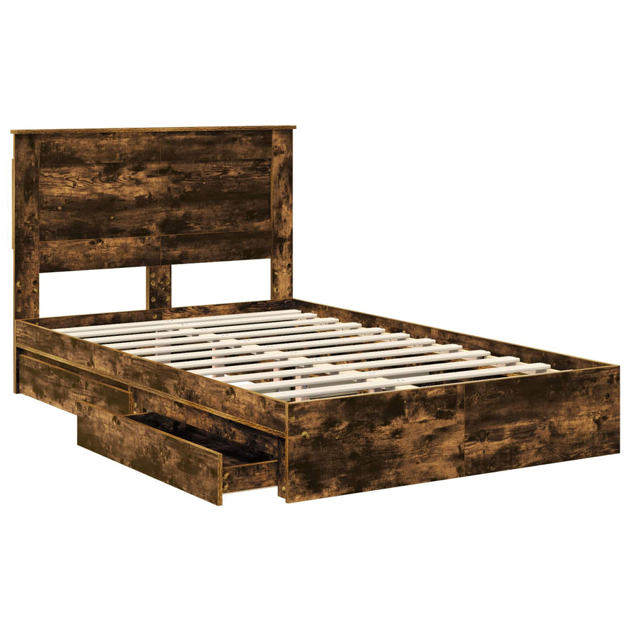Bedframe met lade Gerookt eiken 135 x 190 cm Bewerkt hout