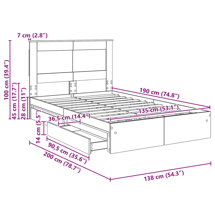Bedframe met lade Gerookt eiken 135 x 190 cm Bewerkt hout