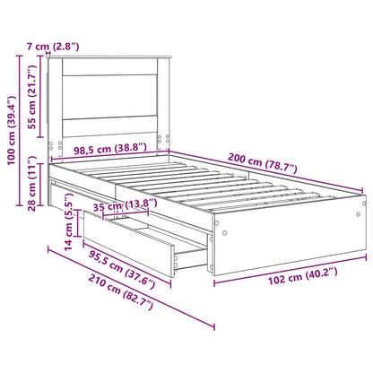Bedframe met lade Gerookt eiken 100 x 200 cm Bewerkt hout