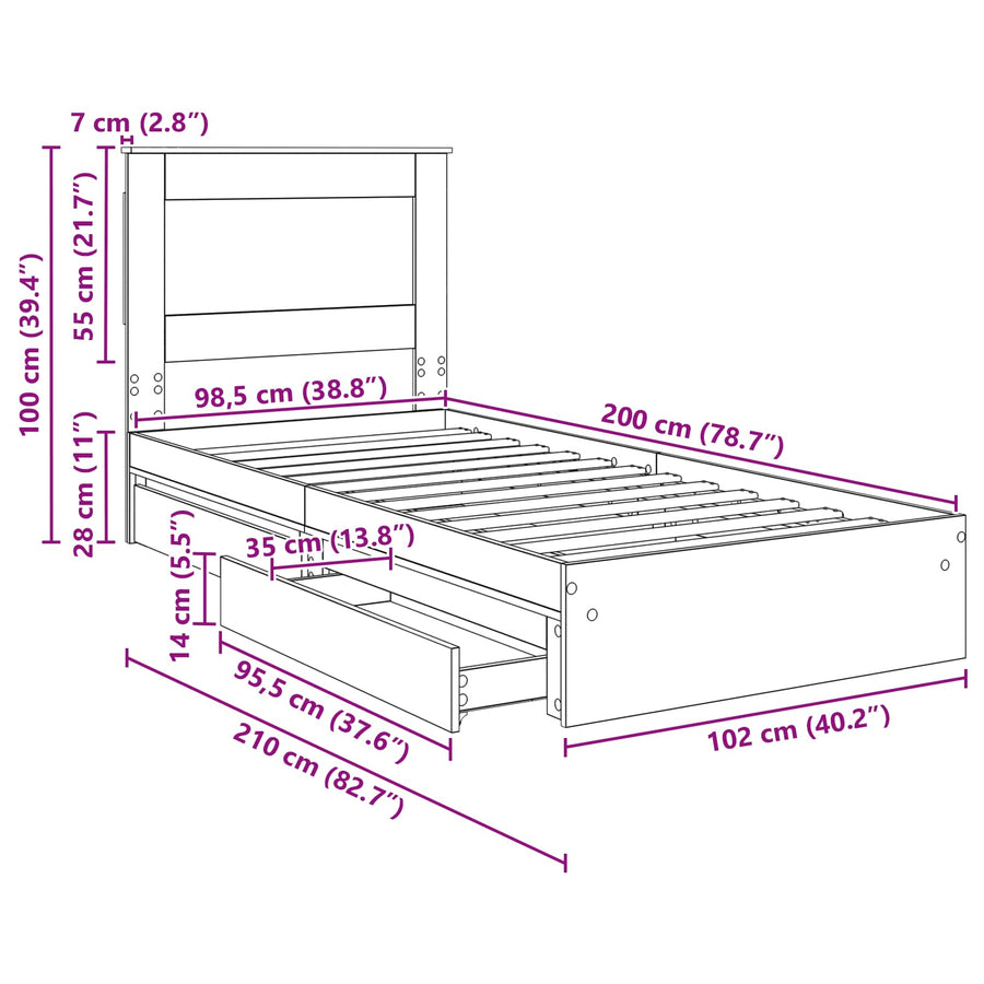 Bedframe met lade Grijs Sonoma 100 x 200 cm Bewerkt hout