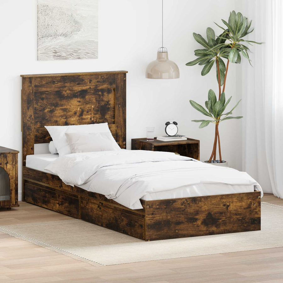 Bedframe met lade Gerookt eiken 90 x 190 cm Bewerkt hout
