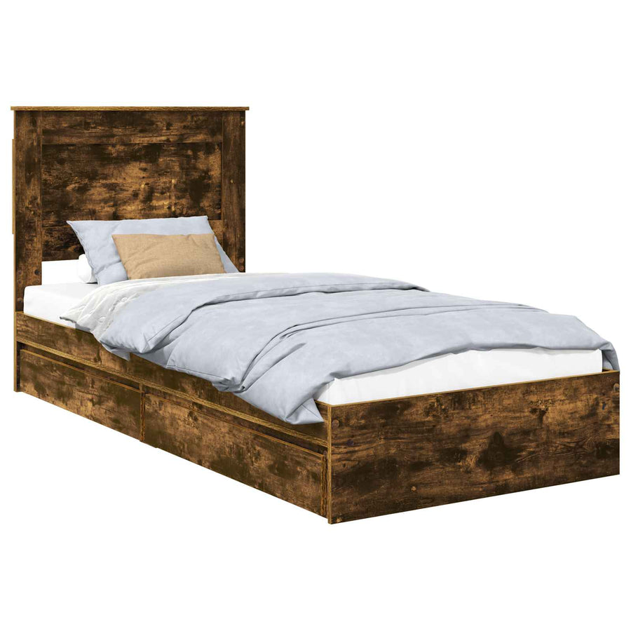 Bedframe met lade Gerookt eiken 90 x 190 cm Bewerkt hout