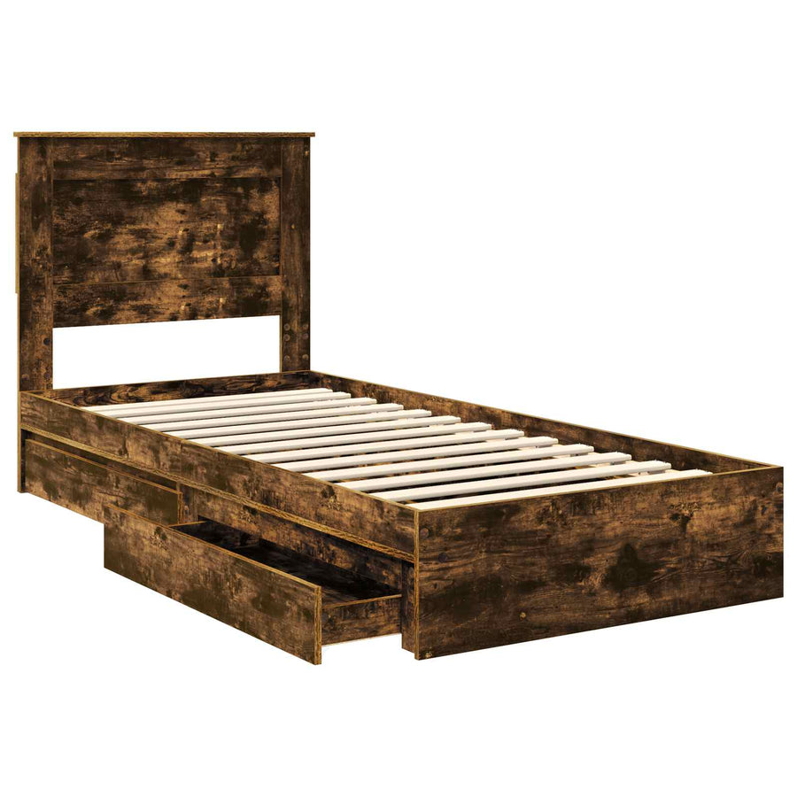 Bedframe met lade Gerookt eiken 90 x 190 cm Bewerkt hout
