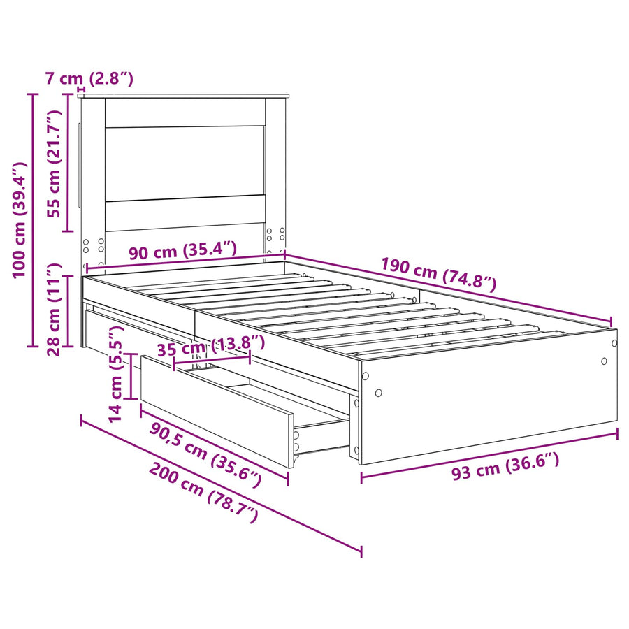 Bedframe met lade Gerookt eiken 90 x 190 cm Bewerkt hout