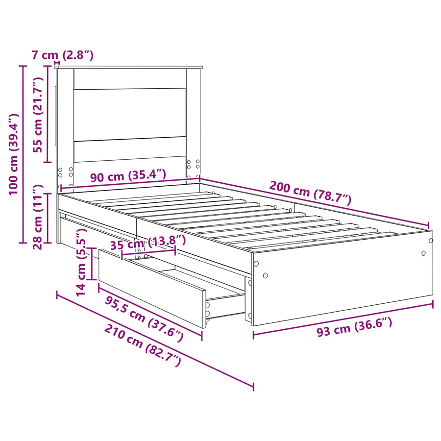 Bedframe met lade Gerookt eiken 90 x 200 cm Bewerkt hout
