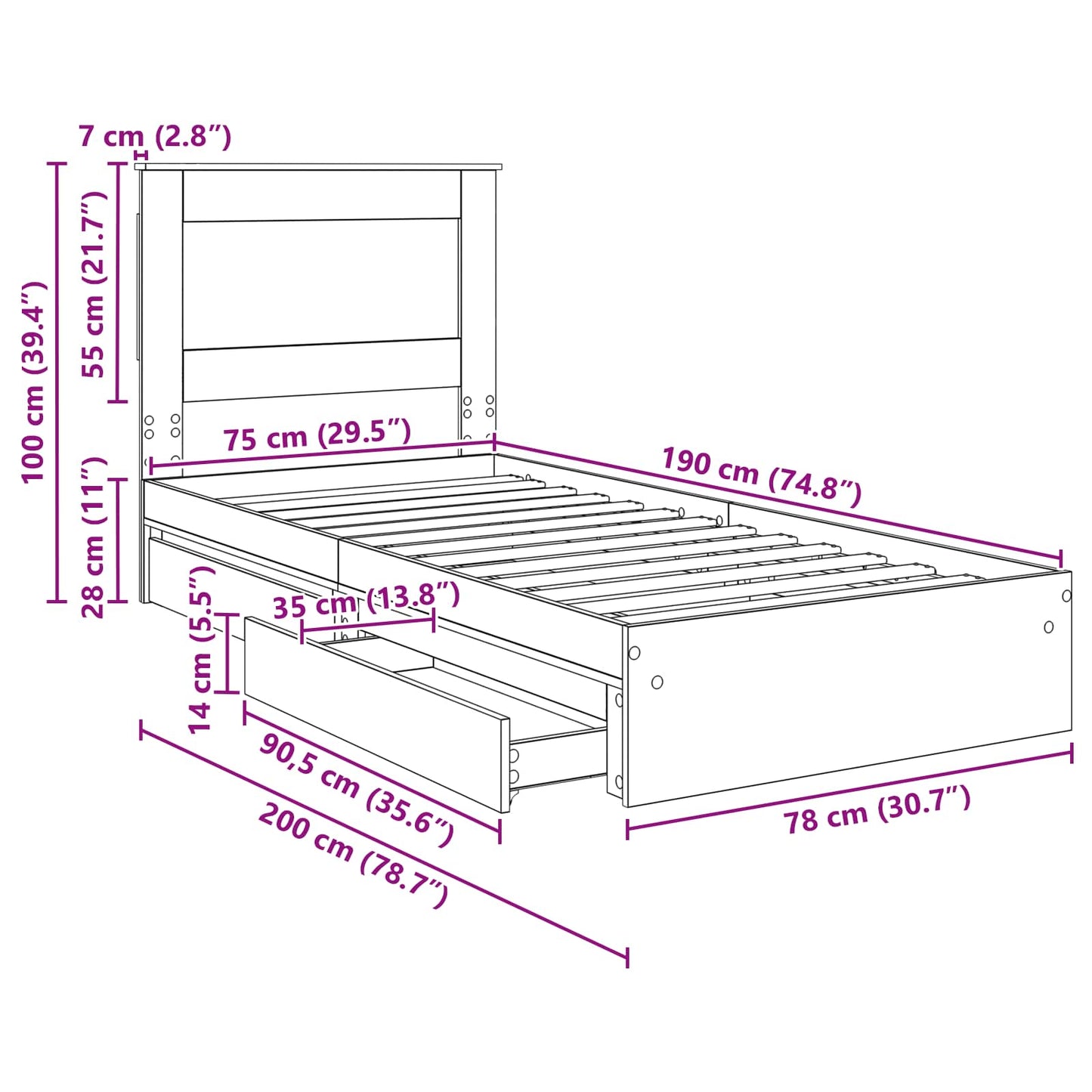 Bedframe met lade Sonoma Eiken 75 x 190 cm Bewerkt hout
