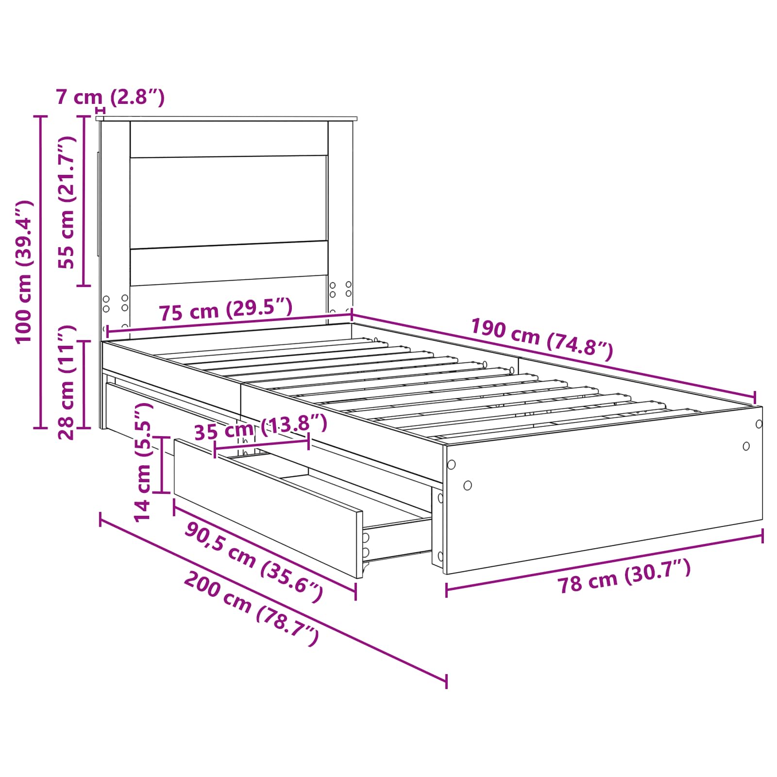 Bedframe met lade Sonoma Eiken 75 x 190 cm Bewerkt hout