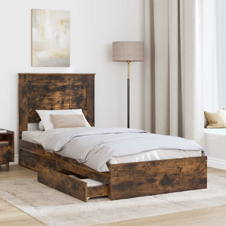 Bedframe met lade Gerookt eiken 75 x 190 cm Bewerkt hout
