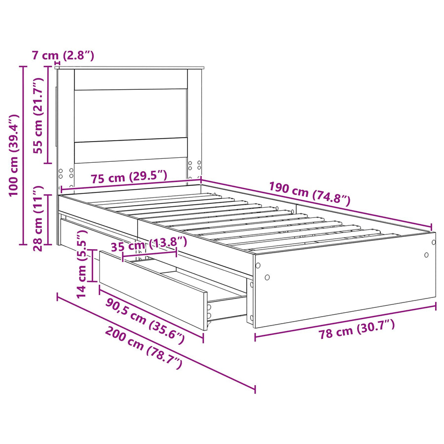 Bedframe met lade Grijs Sonoma 75 x 190 cm Bewerkt hout