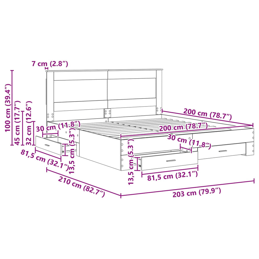 Bedframe met lade met hoofdeinde met opslag Bewerkt hout