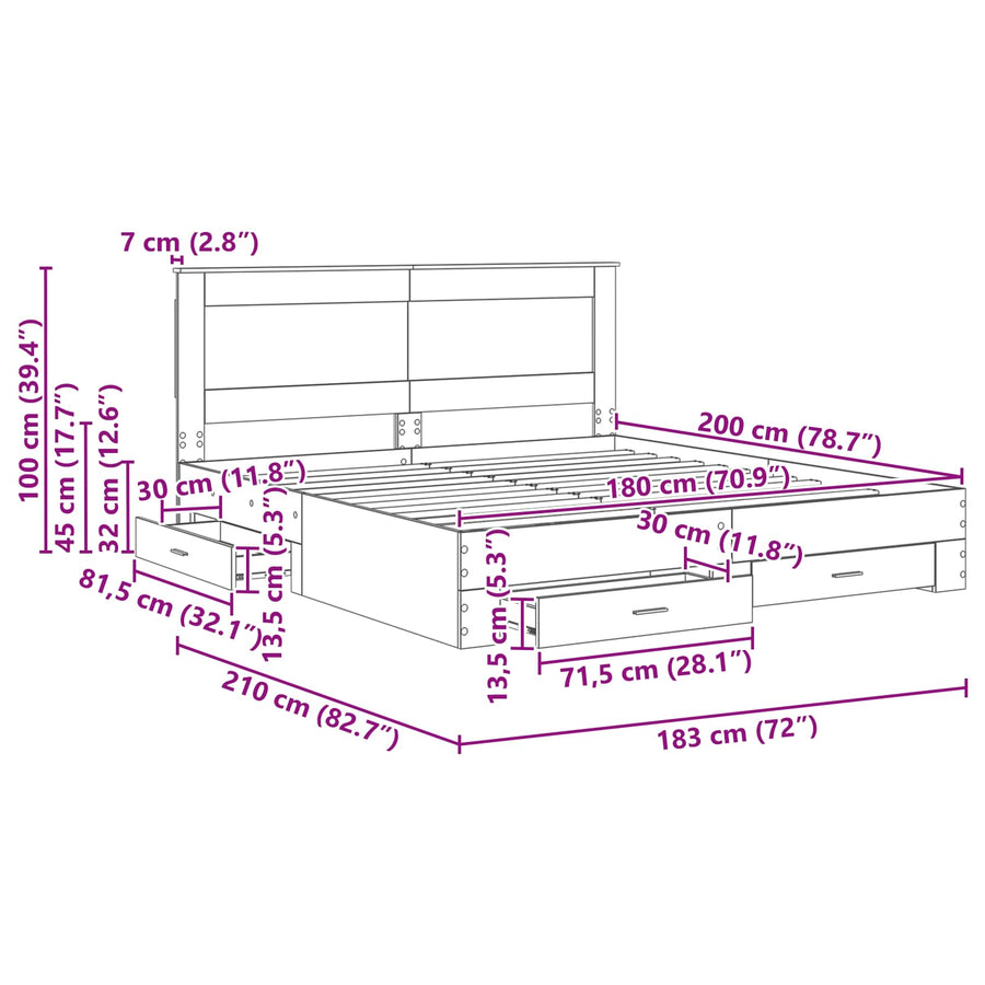 Bedframe met lade met hoofdeinde met opslag Bewerkt hout