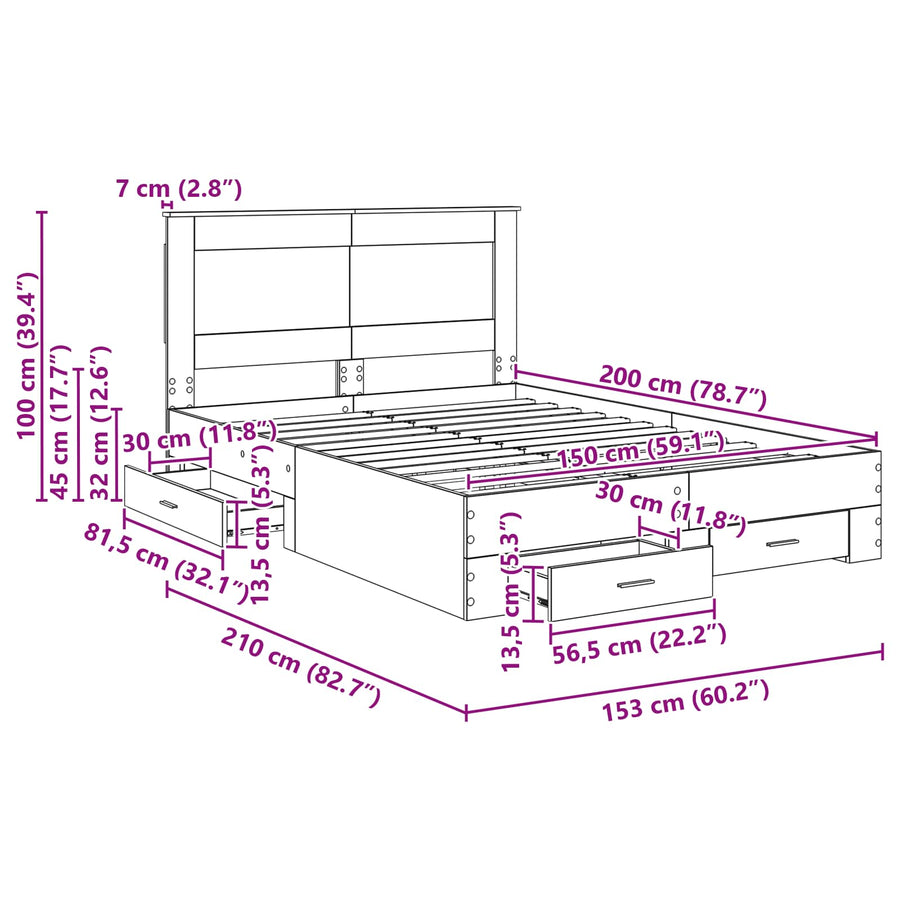 Bedframe met lade met hoofdeinde met opslag Bewerkt hout