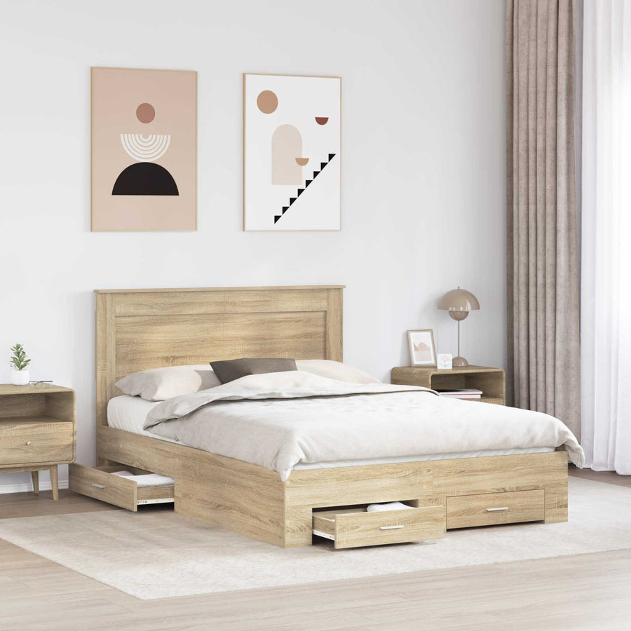 Bedframe met lade met hoofdeinde met opslag Bewerkt hout