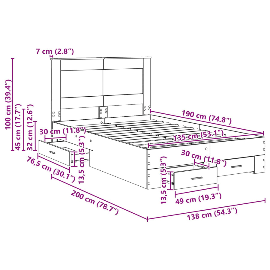 Bedframe met lade met hoofdeinde met opslag Bewerkt hout