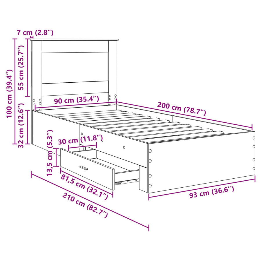Bedframe met lade met hoofdeinde met opslag Bewerkt hout