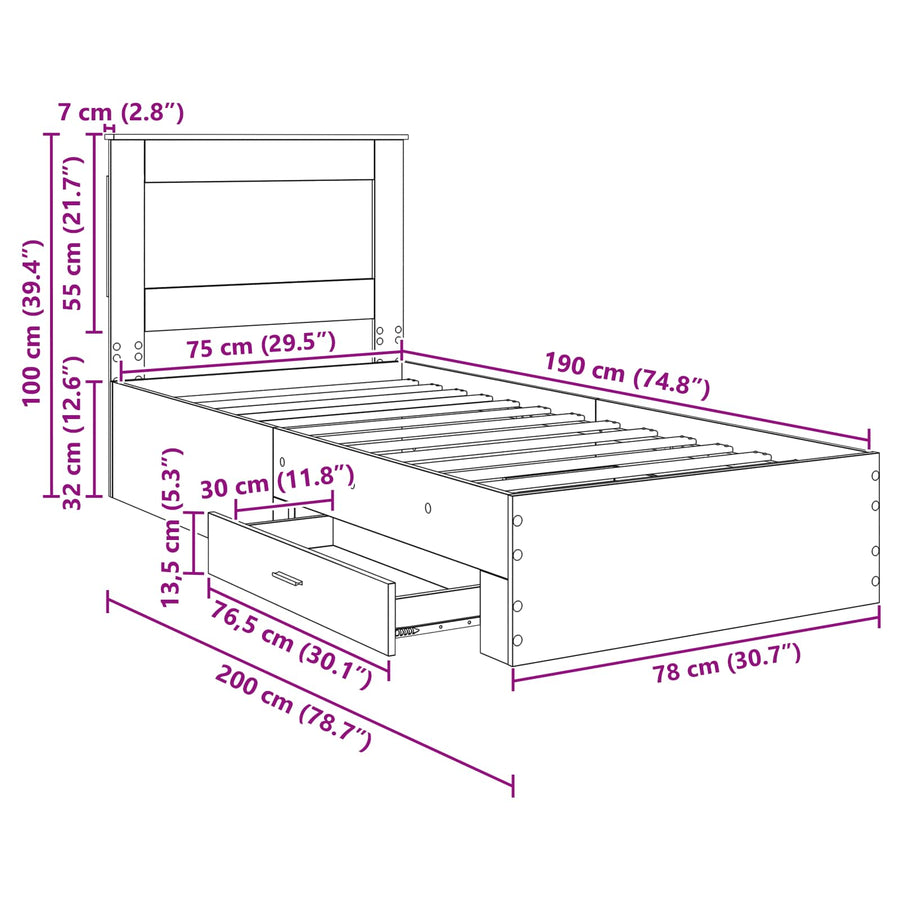 Bedframe Gerookt Eiken en Zilver 75 x 190 cm Bewerkt hout