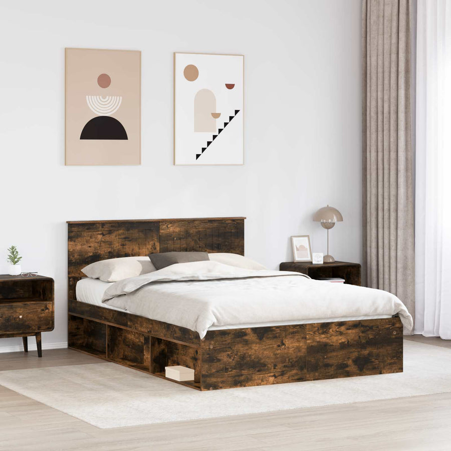 Bedframe Gerookt eiken 140 x 190 cm Massief grenenhout