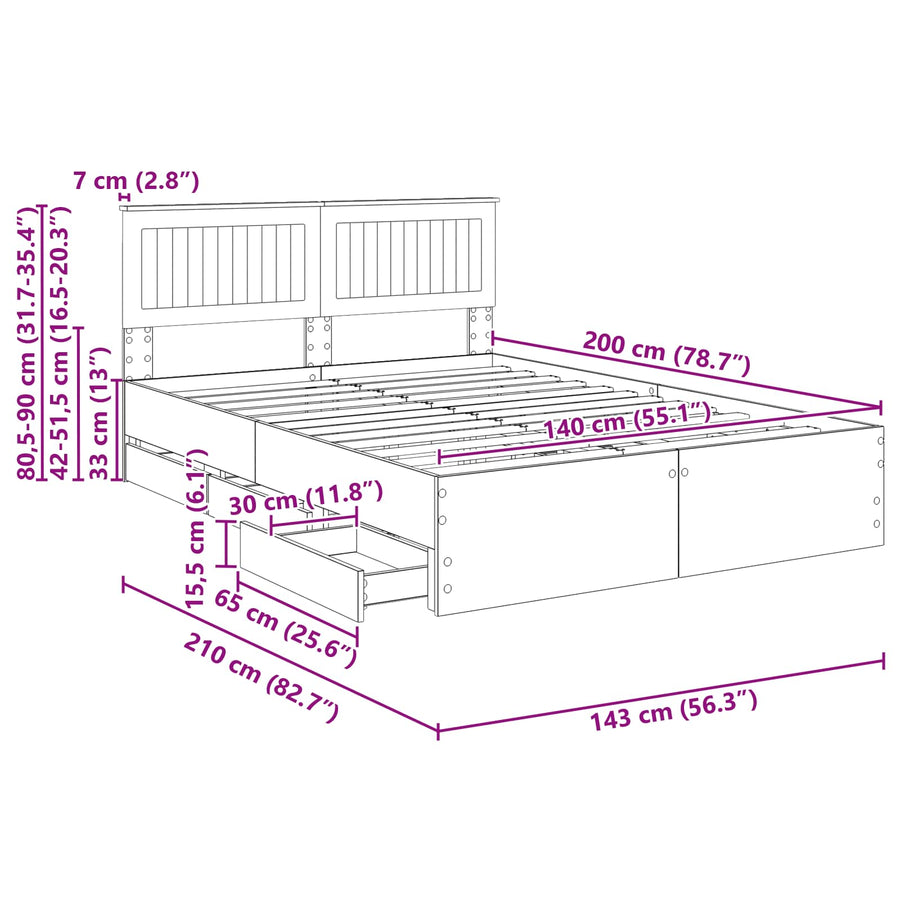 Bedframe met lade Gerookt eiken 140 x 200 cm Ingenieurshout