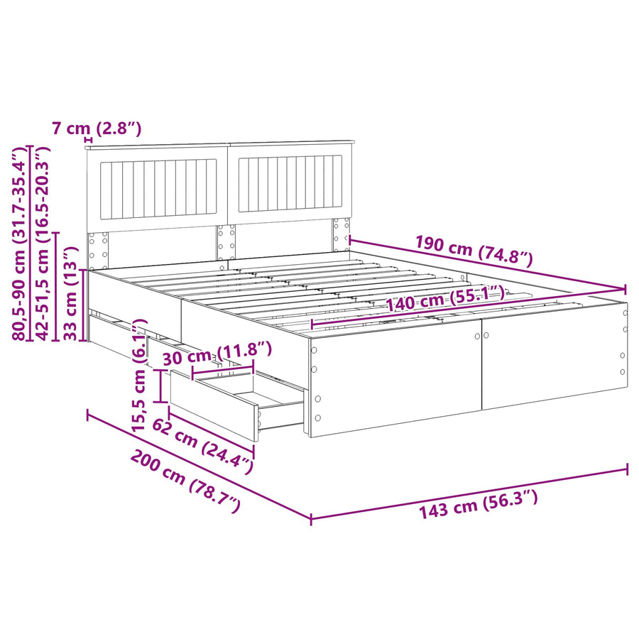Bedframe met lade Gerookt eiken 140 x 190 cm Ingenieurshout