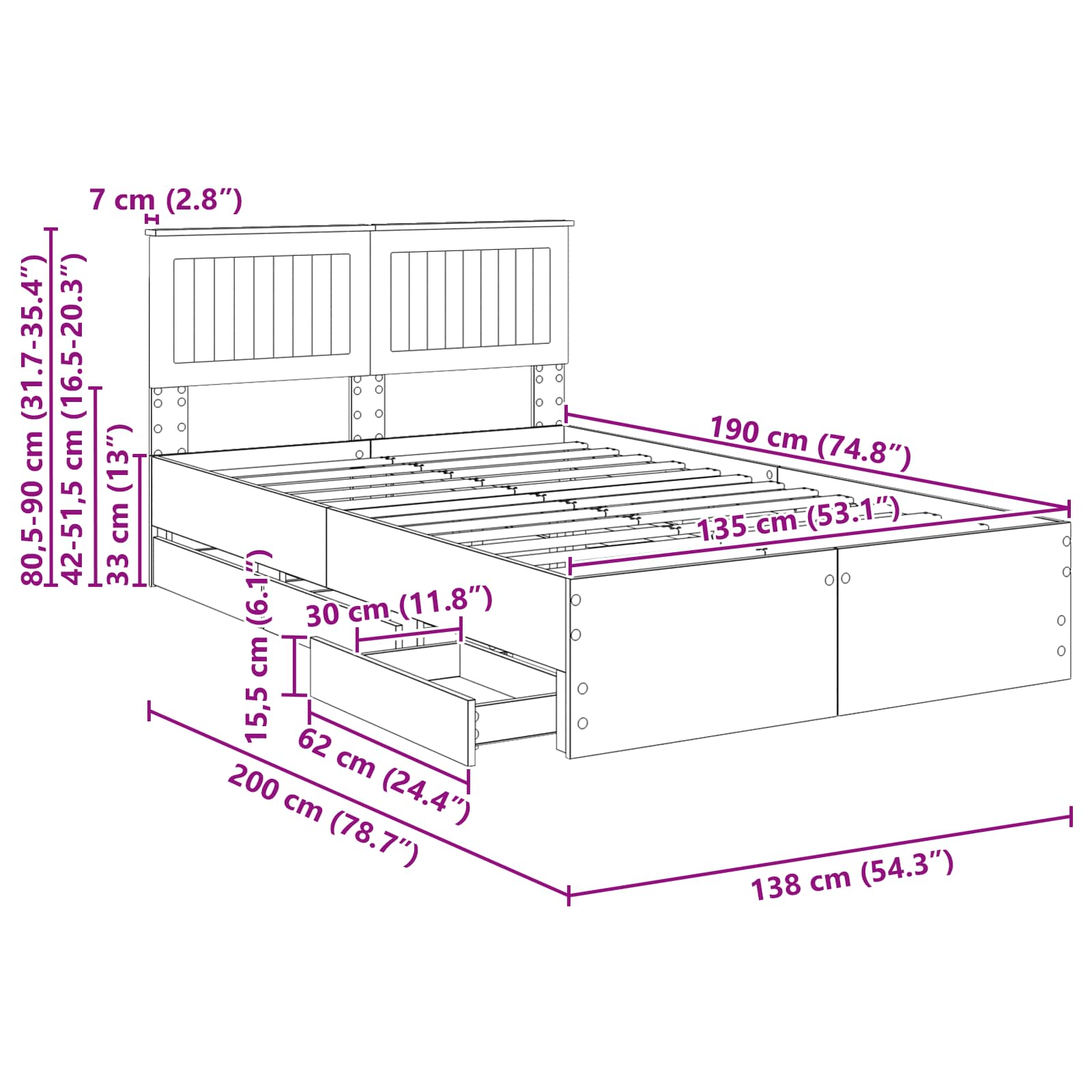 Bedframe met lade Beton Grijs 135 x 190 cm Ingenieurshout