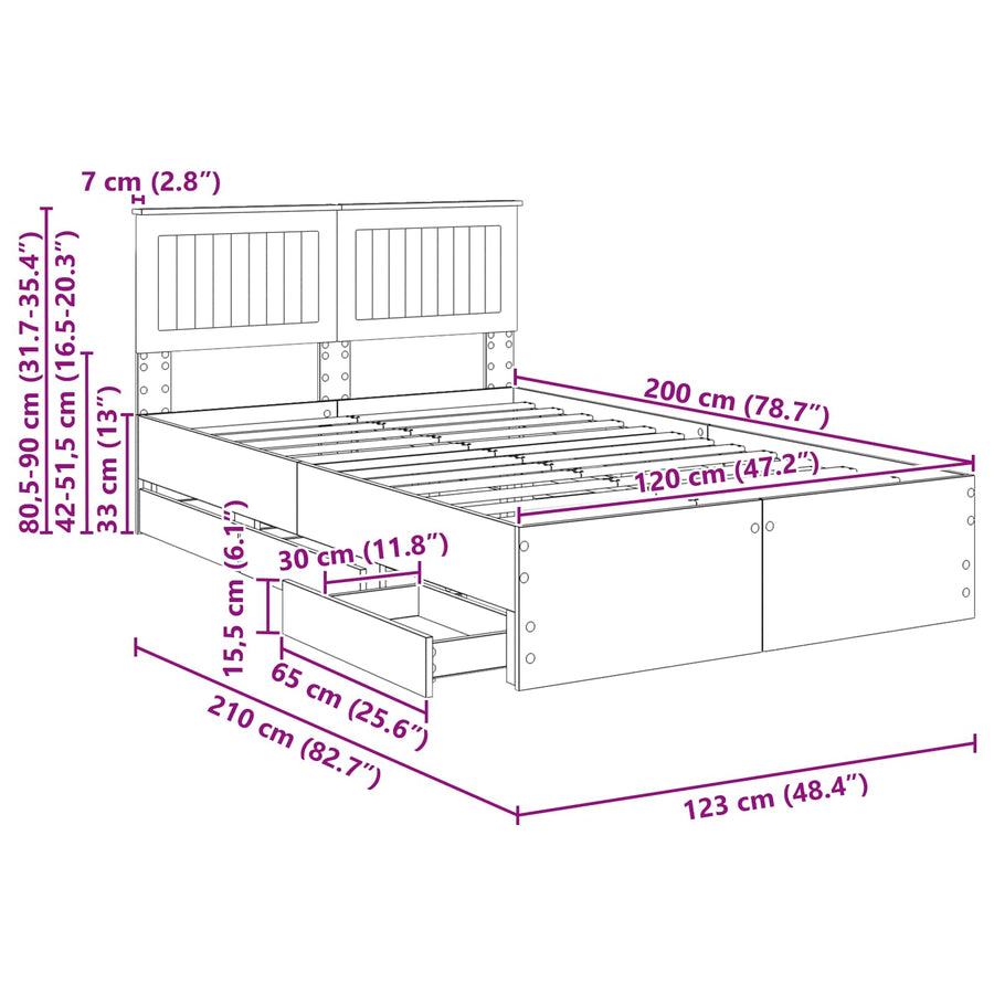 Bedframe met lade Gerookt eiken 120 x 200 cm Ingenieurshout
