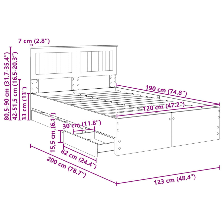 Bedframe met lade Gerookt eiken 120 x 190 cm Ingenieurshout