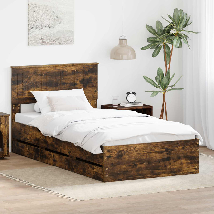 Bedframe met lade Gerookt eiken 100 x 200 cm Ingenieurshout