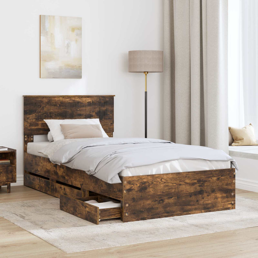 Bedframe met lade Gerookt eiken 100 x 200 cm Ingenieurshout