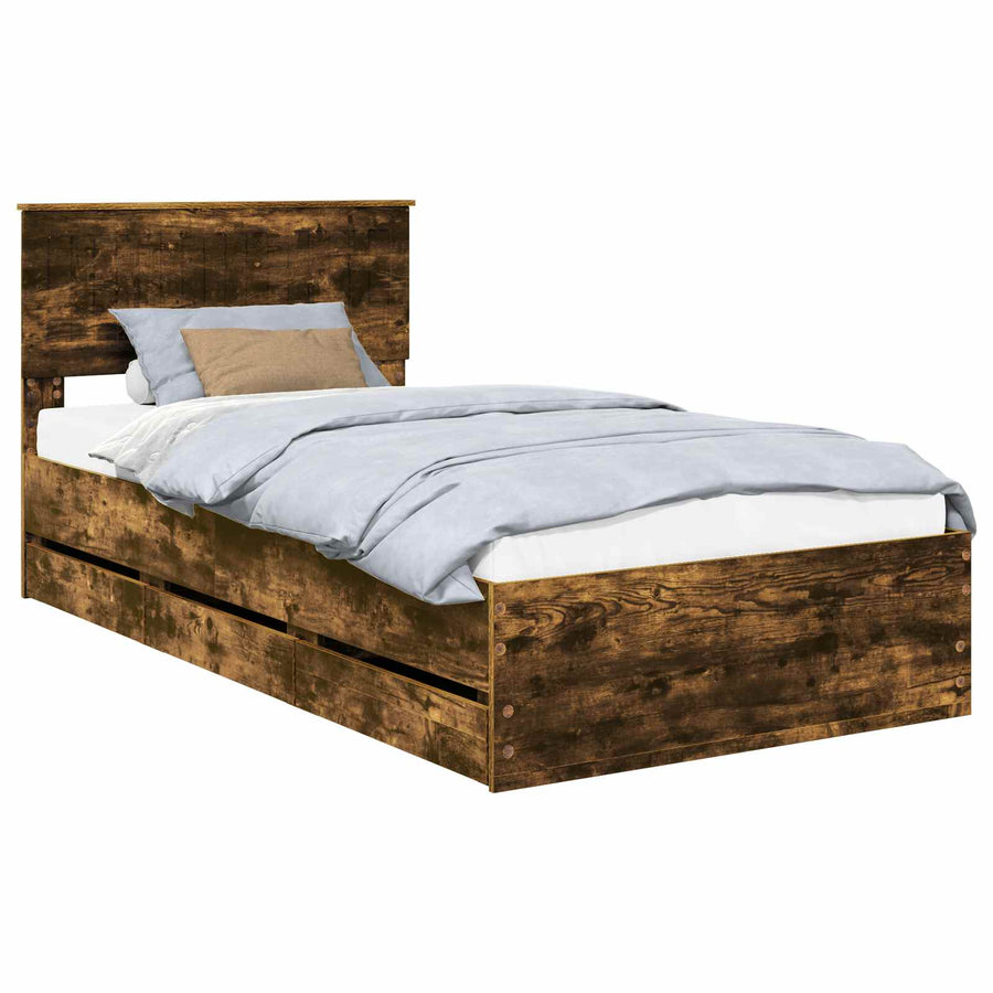 Bedframe met lade Gerookt eiken 100 x 200 cm Ingenieurshout