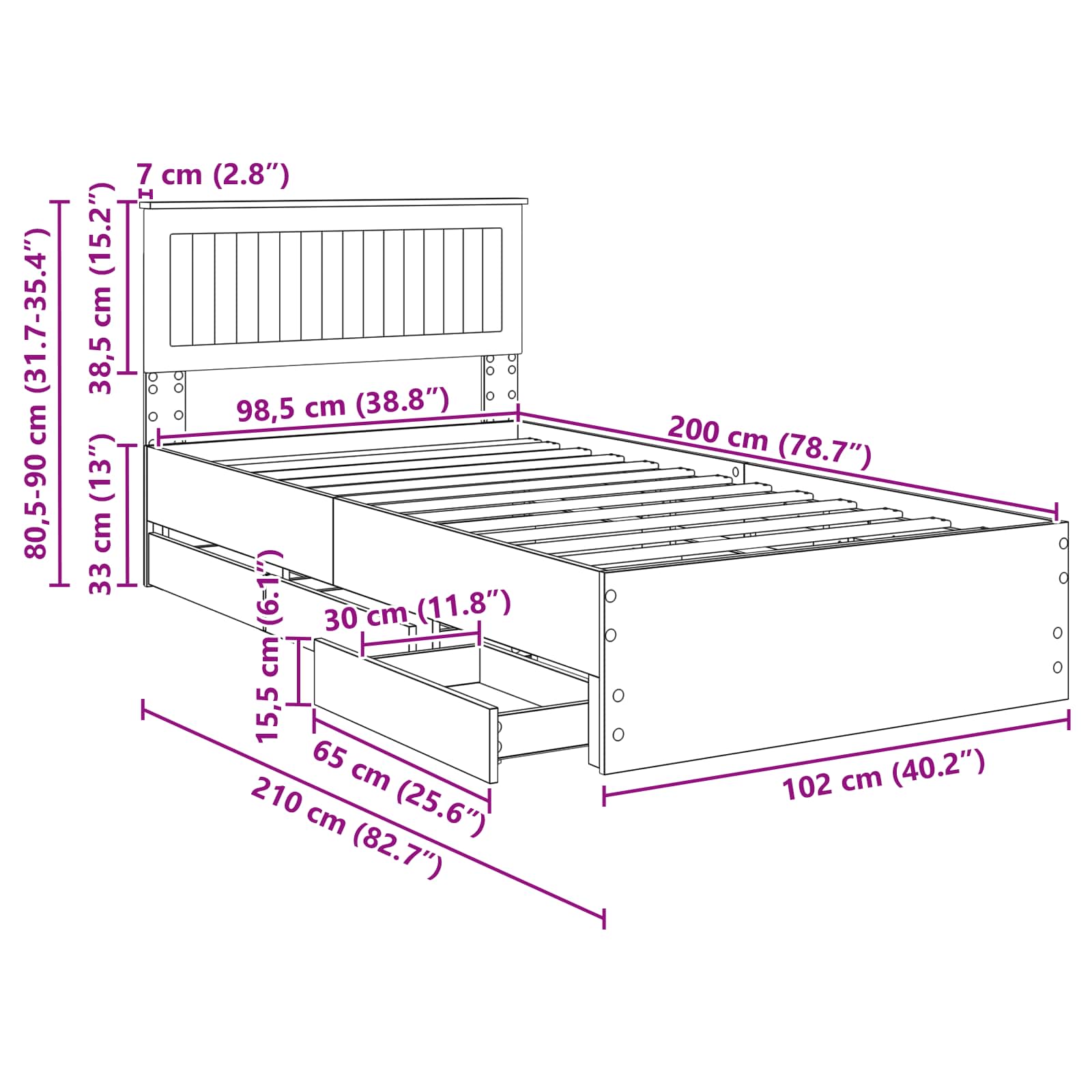 Bedframe met lade Gerookt eiken 100 x 200 cm Ingenieurshout