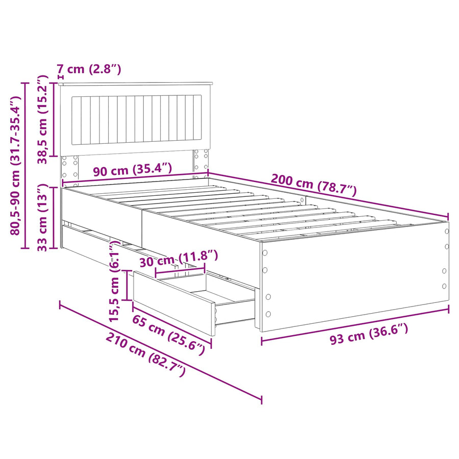 Bedframe met lade met hoofdeinde Wit 90 x 200 cm Ingenieurshout
