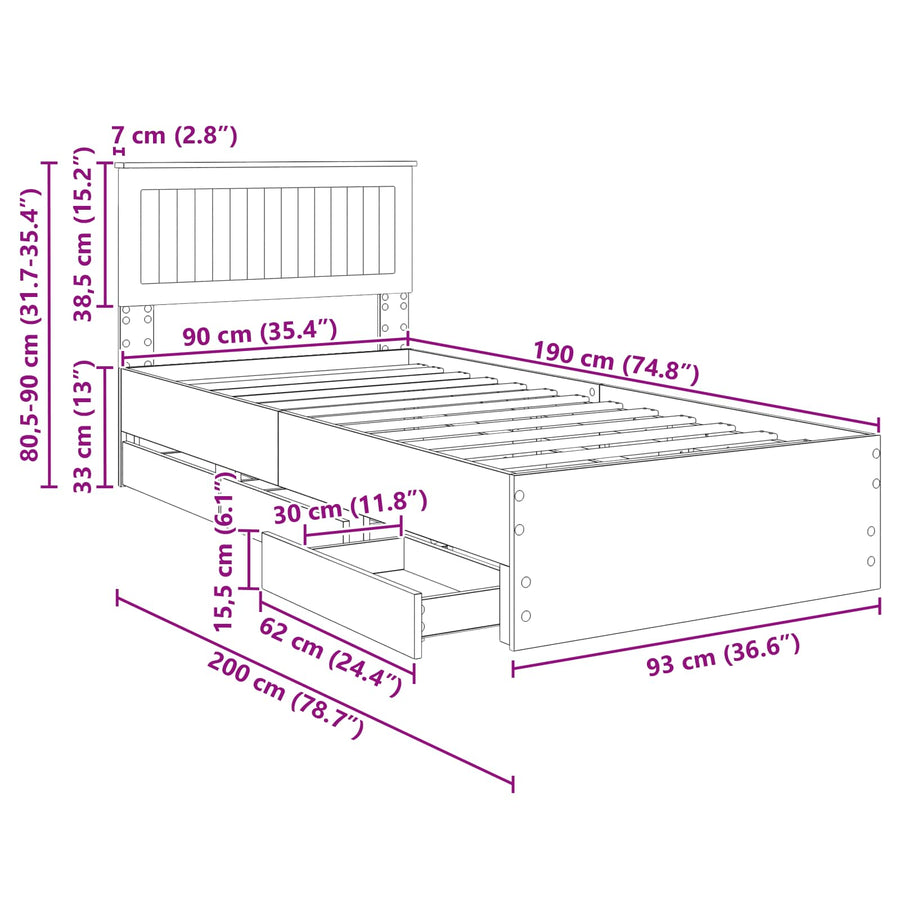 Bedframe met lade Bruin Eiken 90 x 190 cm Ingenieurshout