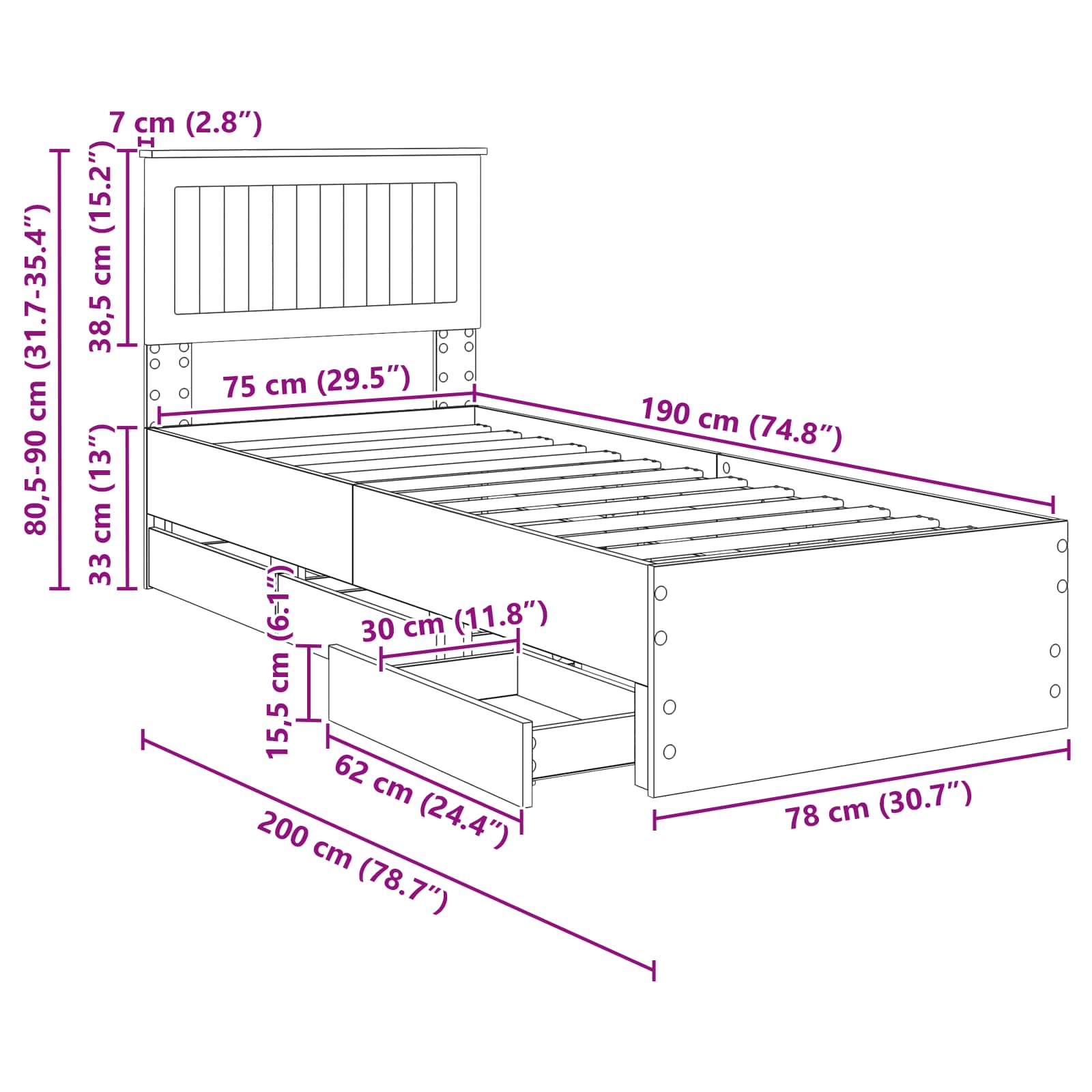 Bedframe met lade met opslag Zwart 75 x 190 cm Ingenieurshout