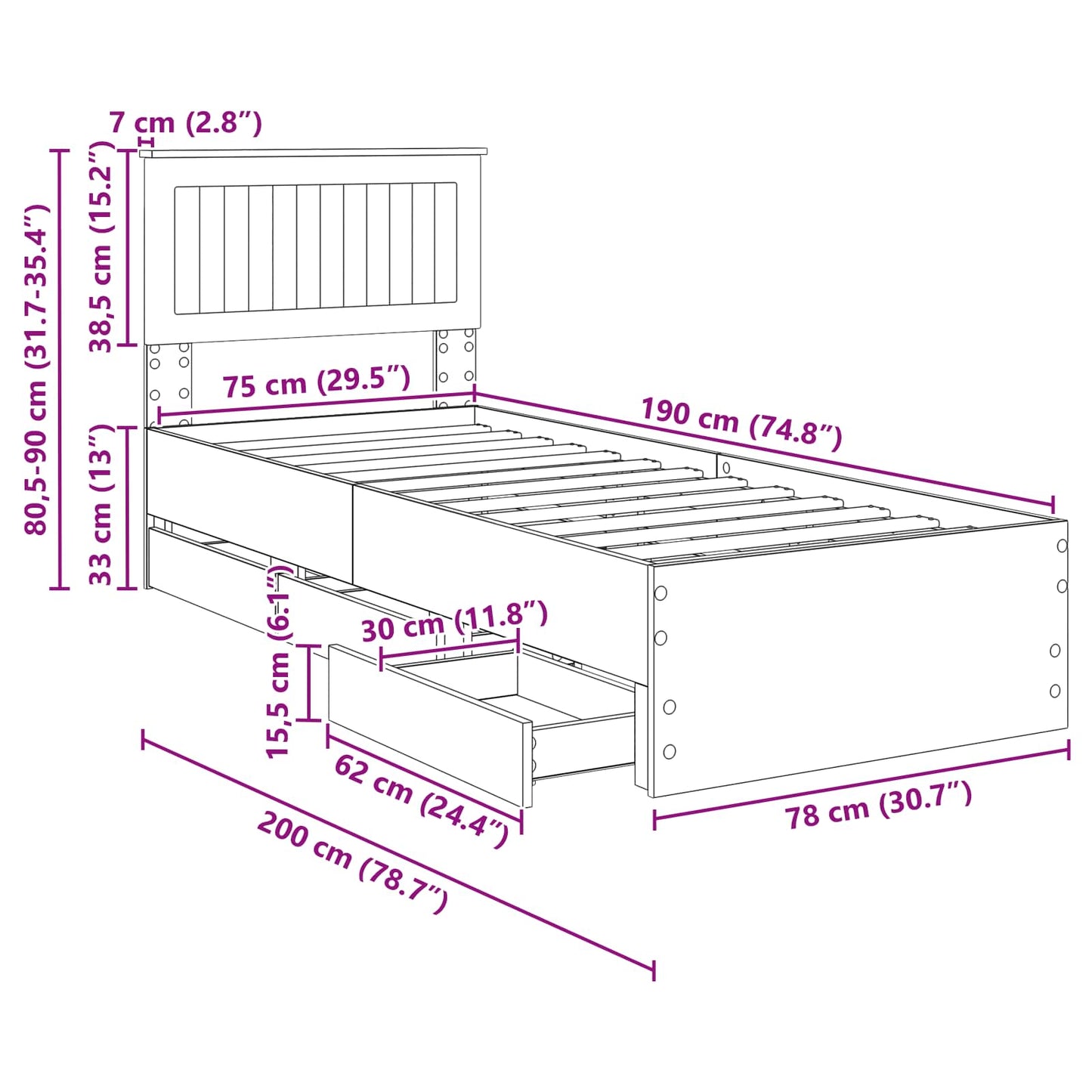 Bedframe met lade Bruin Eiken 75 x 190 cm Ingenieurshout