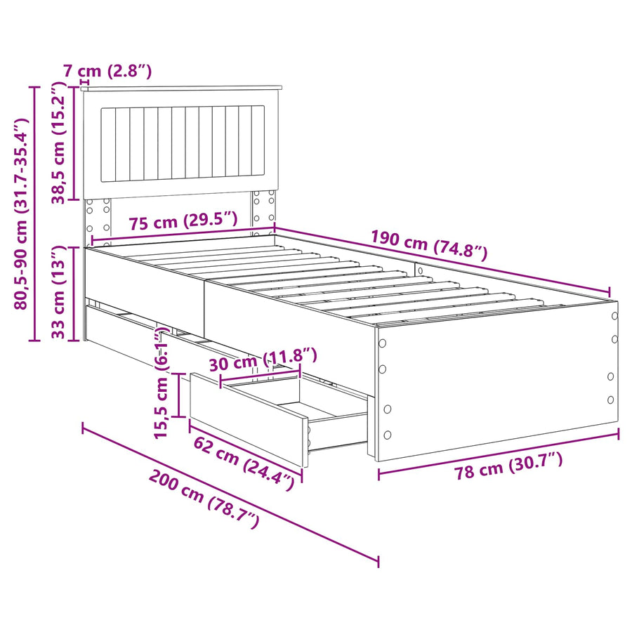 Bedframe met lade Bruin Eiken 75 x 190 cm Ingenieurshout