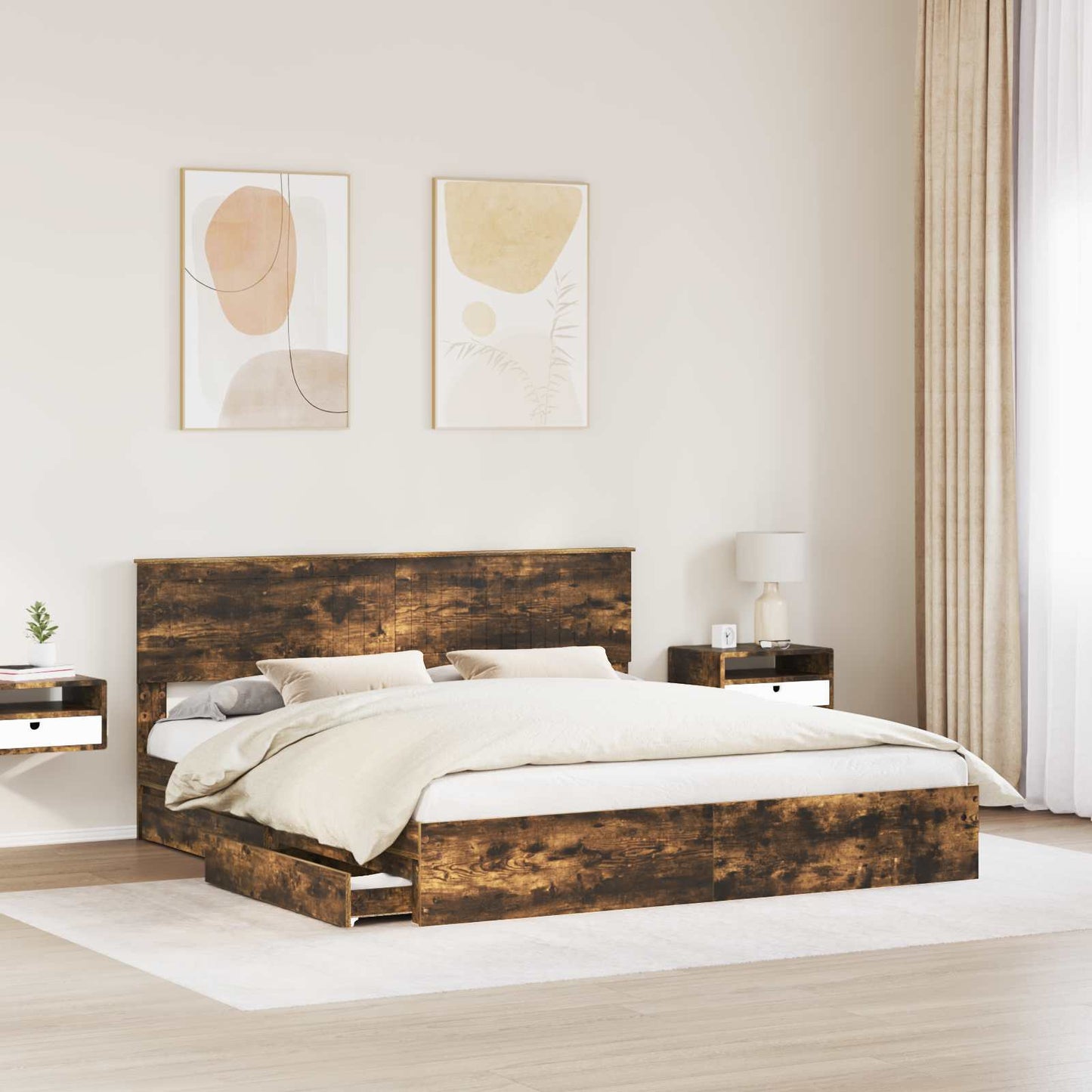 Opslag bed met lade Gerookt eiken 180 x 200 cm Bewerkt hout