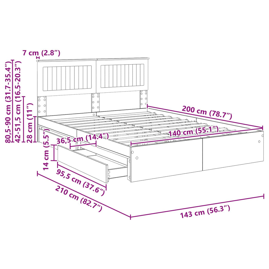 Bedframe met lade Grijs Sonoma 140 x 200 cm Bewerkt hout