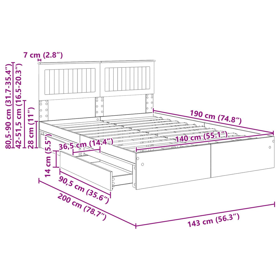 Opslag bed met lade Sonoma Eiken 140 x 190 cm Bewerkt hout