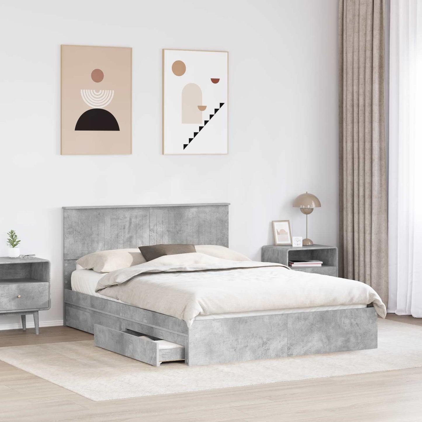 Opslag bed met hoofdeinde Beton Grijs 135 x 190 cm Bewerkt hout