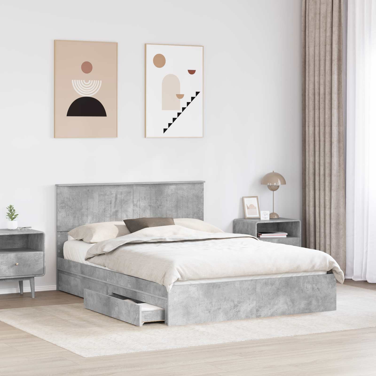 Opslag bed met hoofdeinde Beton Grijs 135 x 190 cm Bewerkt hout