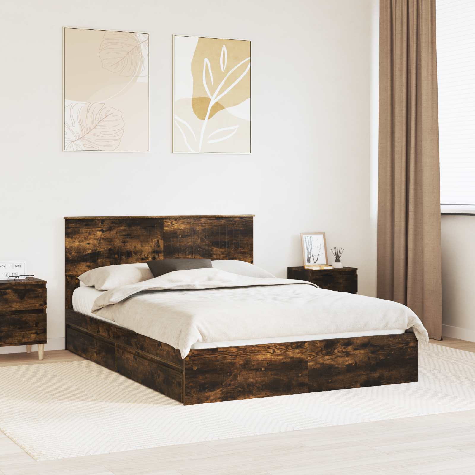 Opslag bed met lade Gerookt eiken 135 x 190 cm Bewerkt hout