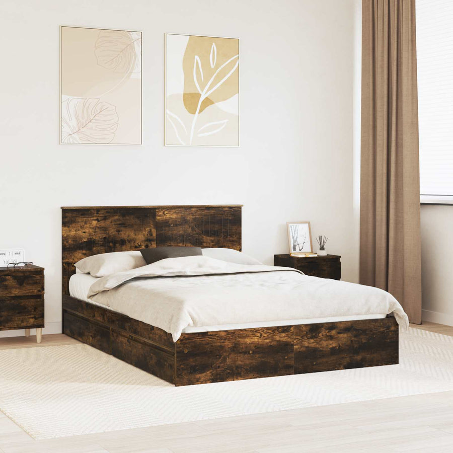Opslag bed met lade Gerookt eiken 135 x 190 cm Bewerkt hout