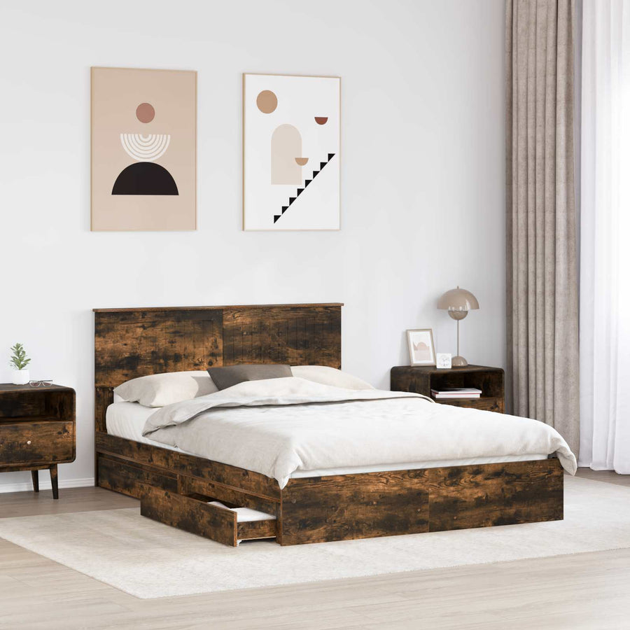 Opslag bed met lade Gerookt eiken 135 x 190 cm Bewerkt hout