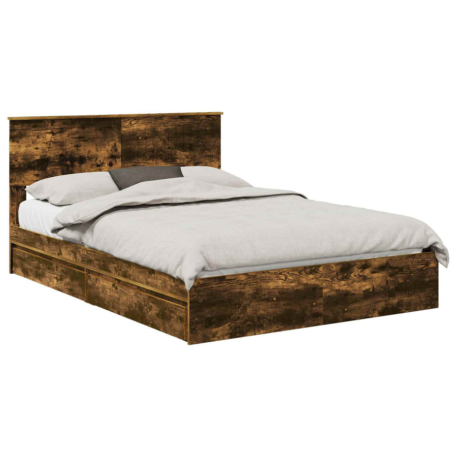 Opslag bed met lade Gerookt eiken 135 x 190 cm Bewerkt hout