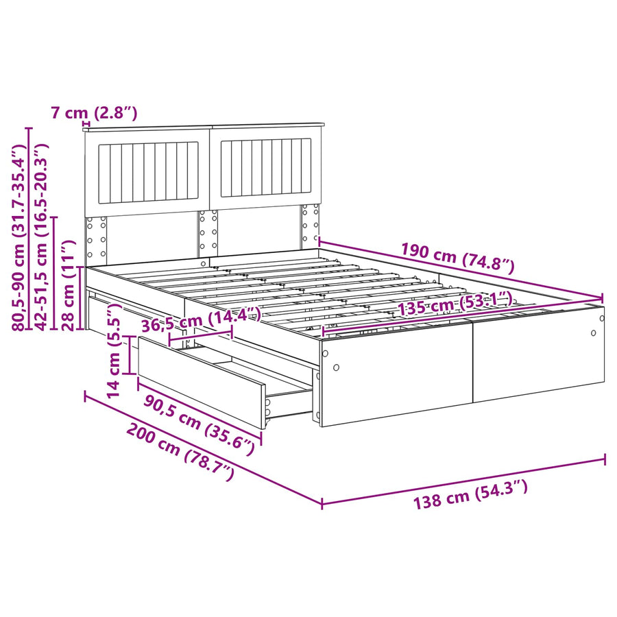 Opslag bed met lade Gerookt eiken 135 x 190 cm Bewerkt hout